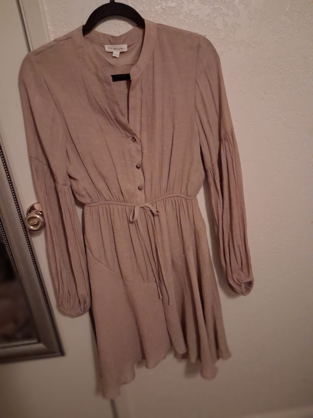 Blu Pepper Taupe Long Sleeve Button-Front Tie-Waist Dress